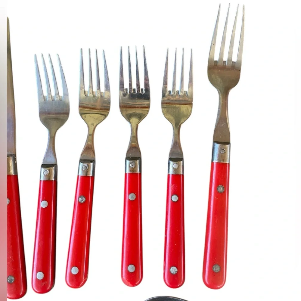 12 Vintage Wesley Carnival Flatware Set Stainless Steel Knives Forks Spoons Red